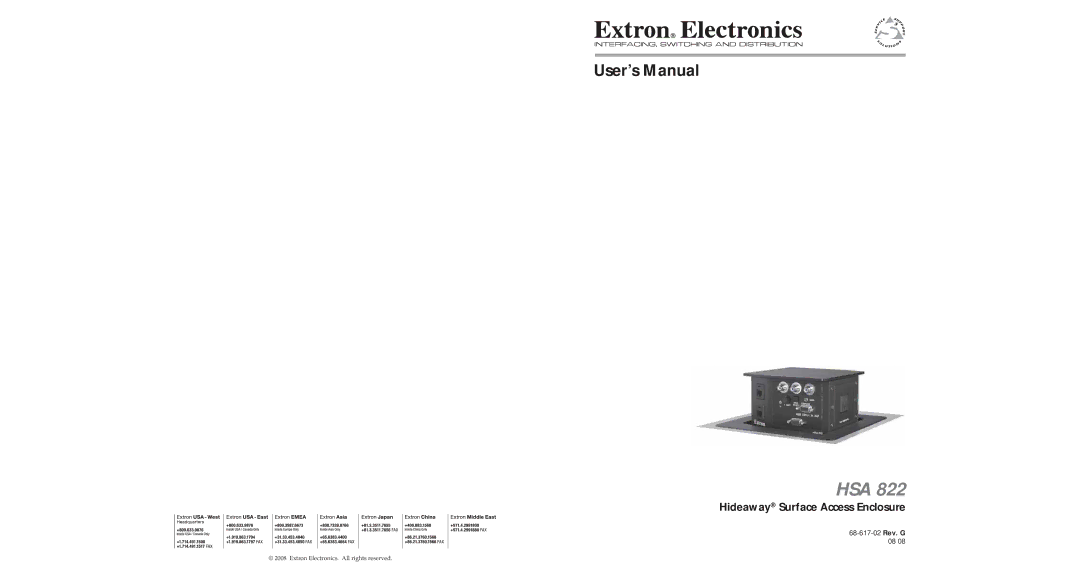 Extron electronic HSA 822 user manual Hsa, Hideaway Surface Access Enclosure 