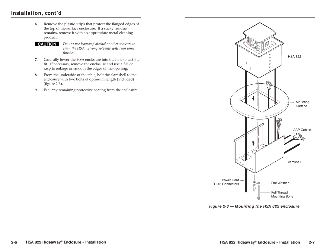 Extron electronic HSA 822 user manual Installation, cont’d, Do not use isopropyl alcohol or other solvents to, Finishes 