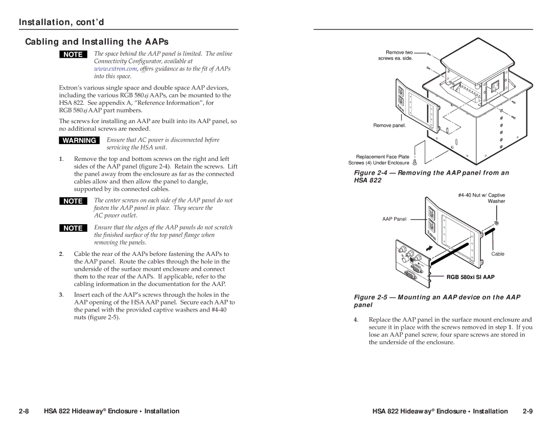 Extron electronic HSA 822 user manual Installation, cont’d Cabling and Installing the AAPs 