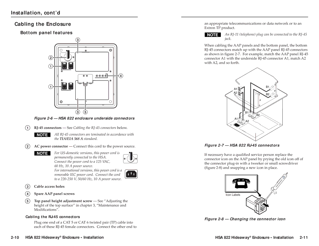 Extron electronic HSA 822 user manual Installation, cont’d Cabling the Enclosure, Bottom panel features 