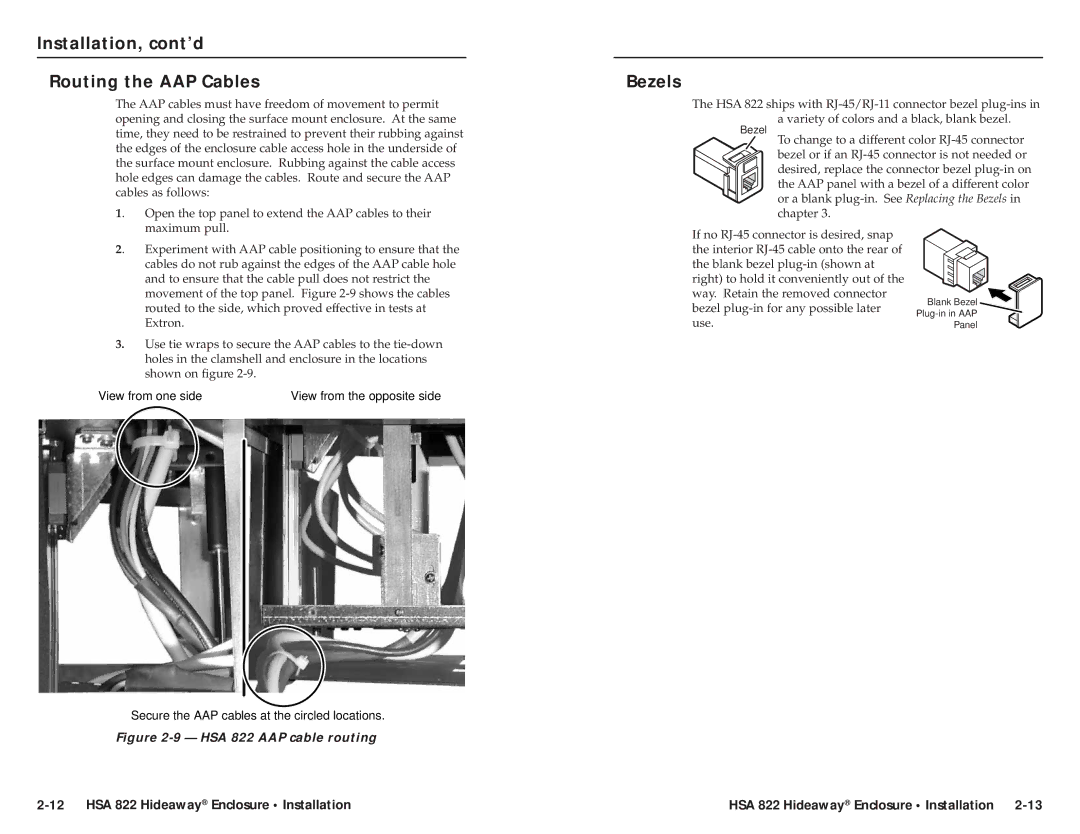 Extron electronic HSA 822 user manual Installation, cont’d Routing the AAP Cables, Bezels 