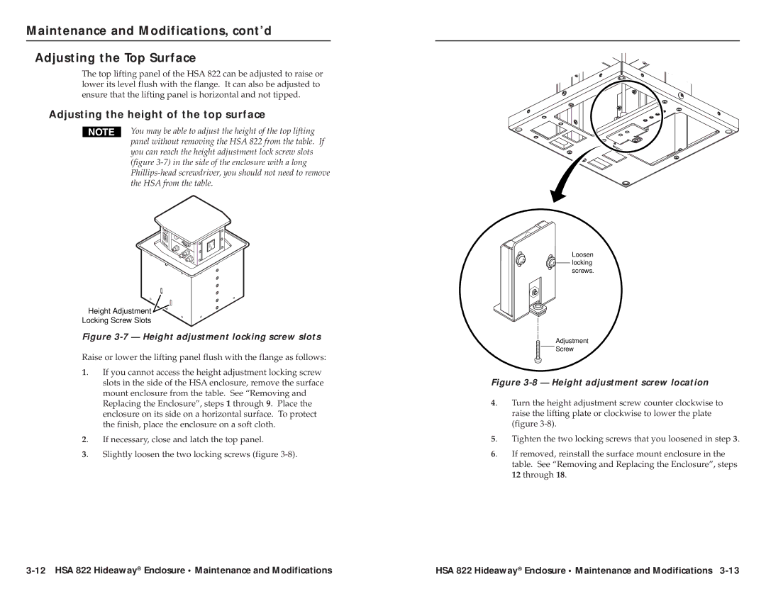 Extron electronic HSA 822 user manual Adjusting the height of the top surface, Height adjustment locking screw slots 