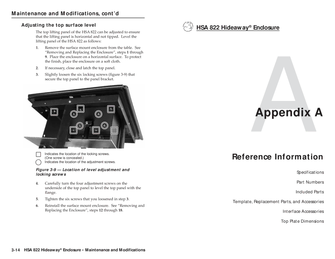 Extron electronic HSA 822 user manual Reference Information, Adjusting the top surface level 