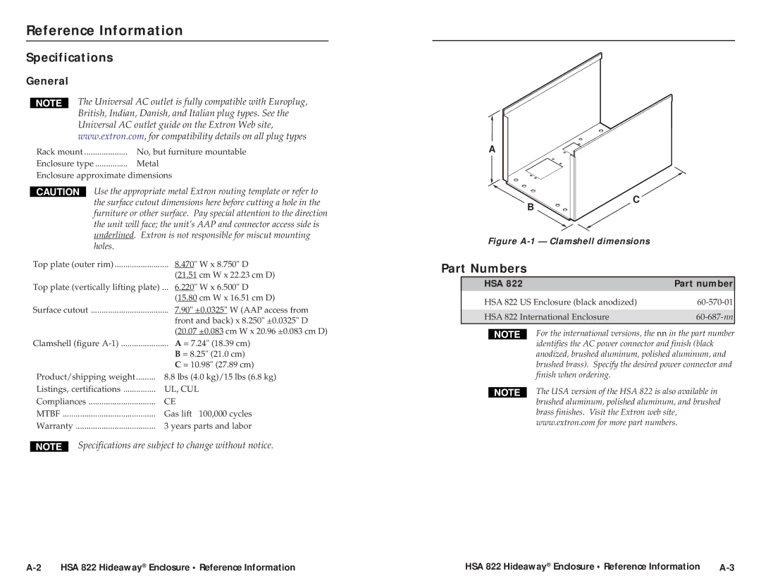 Extron electronic HSA 822 user manual Reference Information, Specifications, Part Numbers, General 