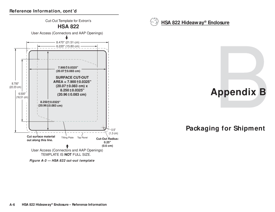 Extron electronic HSA 822 user manual Packaging for Shipment, Reference Information, cont’d 