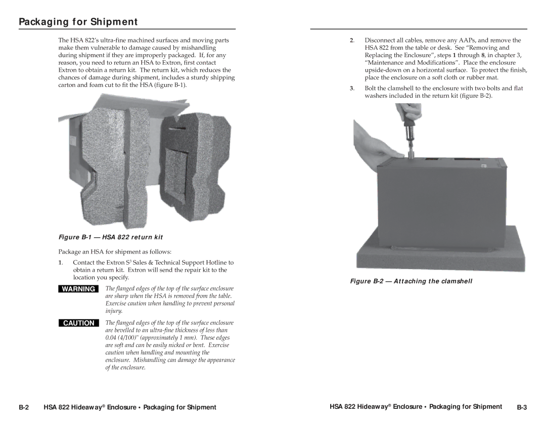 Extron electronic user manual Packaging for Shipment, Figure B-1 HSA 822 return kit 