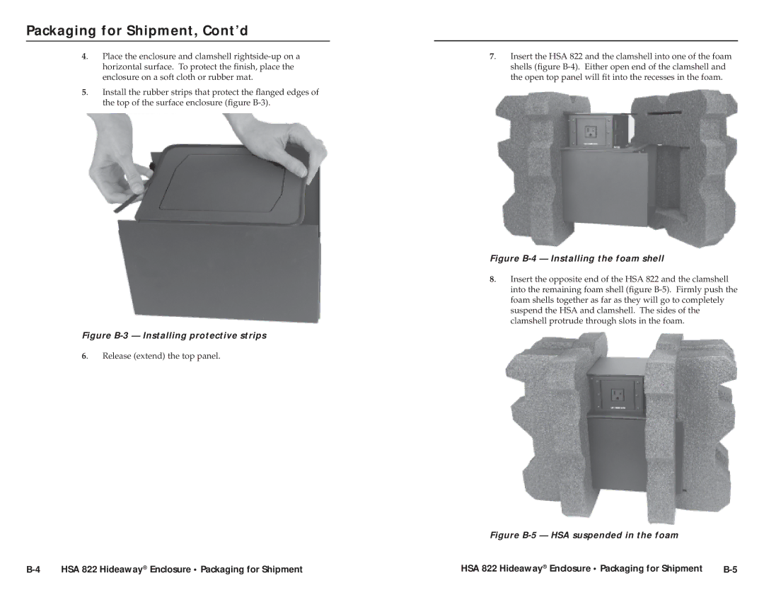 Extron electronic HSA 822 user manual Packaging for Shipment, Cont’d, Figure B-3 Installing protective strips 