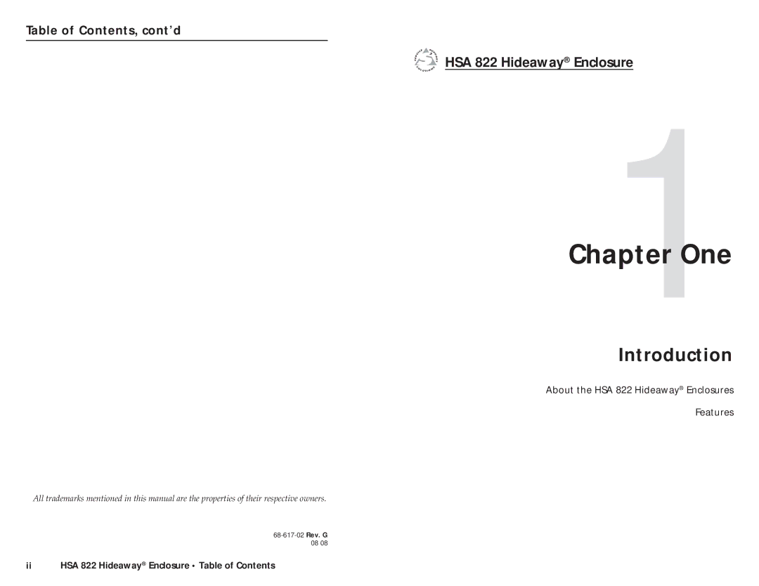 Extron electronic user manual Introduction, HSA 822 Hideaway Enclosure, Table of Contents, cont’d 