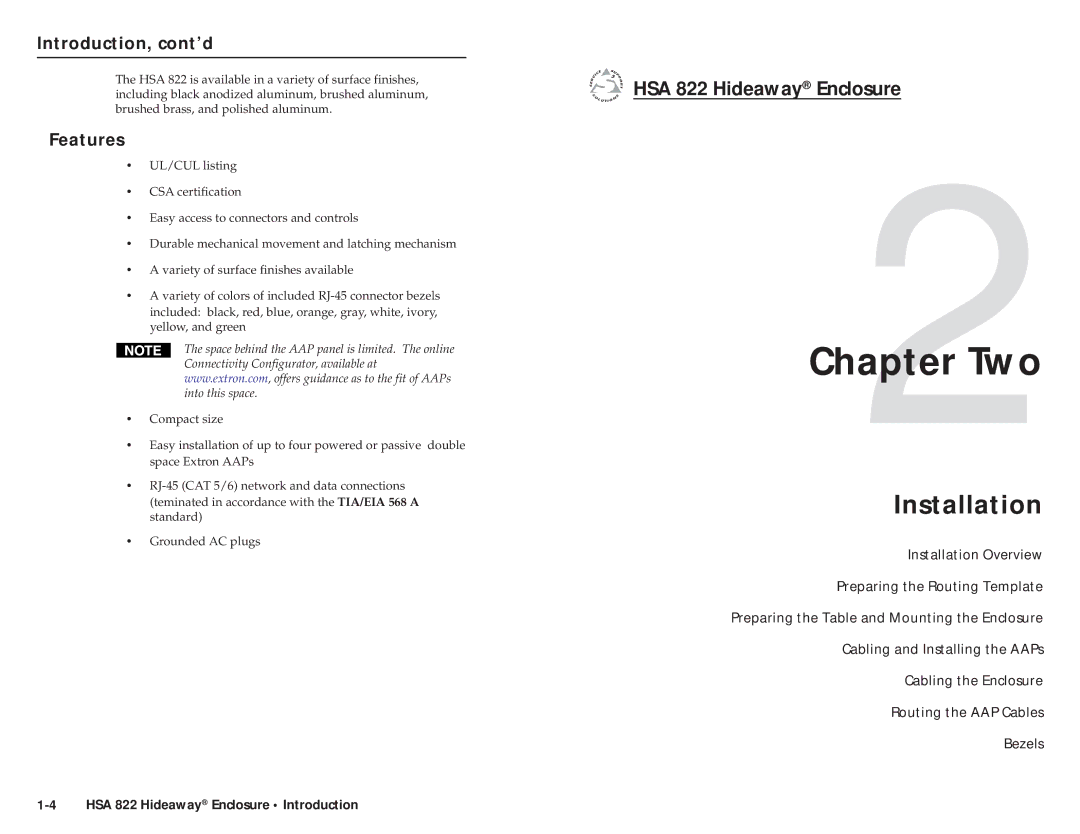 Extron electronic HSA 822 user manual Installation, Introduction, cont’d, Features 