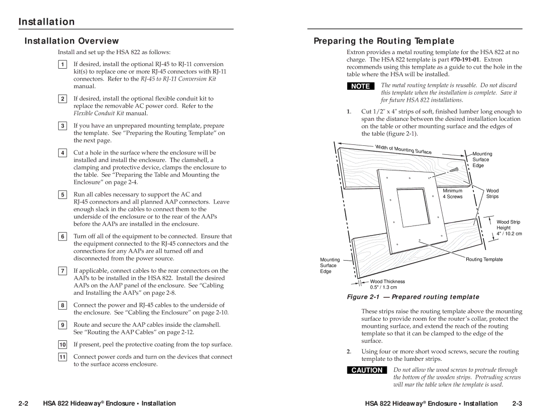 Extron electronic HSA 822 user manual Installation Overview, Preparing the Routing Template 