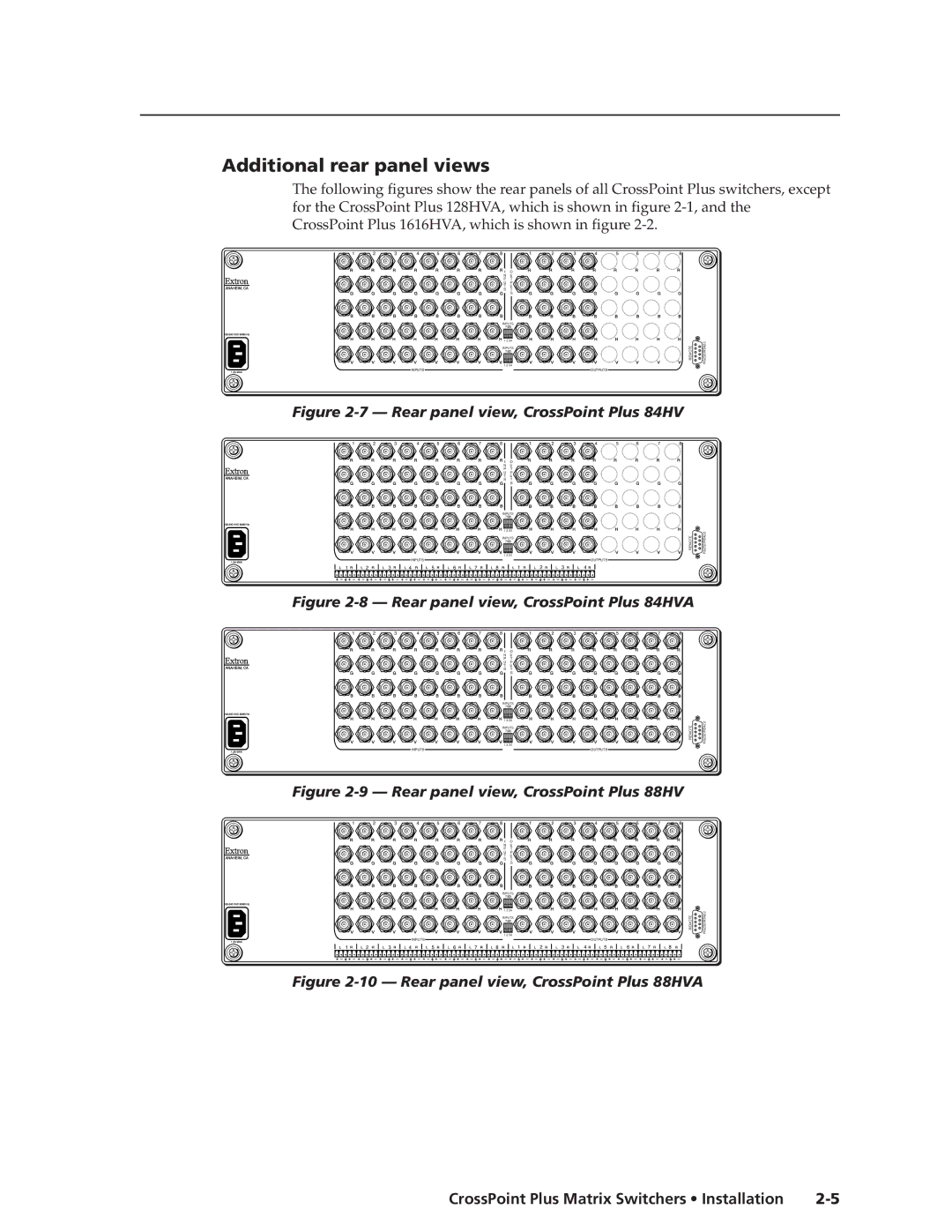 Extron electronic 1616 HV, HVA manual Additional rear panel views, Rear panel view, CrossPoint Plus 84HV 
