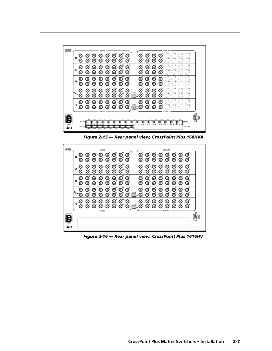 Extron electronic 1616 HV manual Rear panel view, CrossPoint Plus 168HVA 
