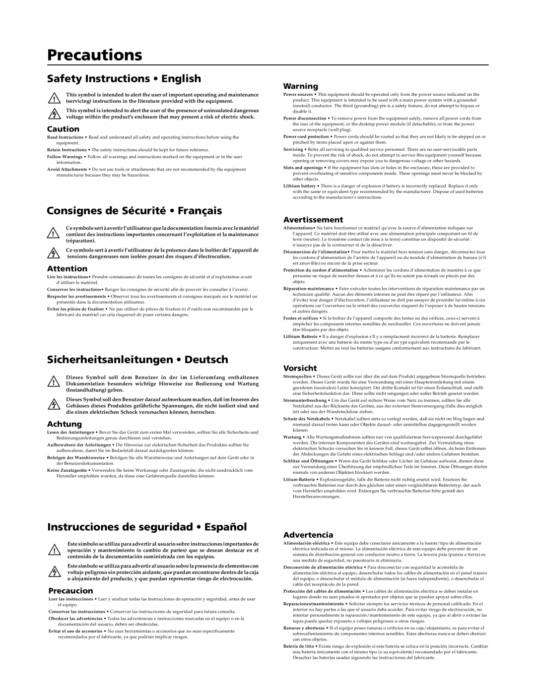 Extron electronic HVA, 1616 HV Safety Instructions English, Consignes de Sécurité Français, Sicherheitsanleitungen Deutsch 