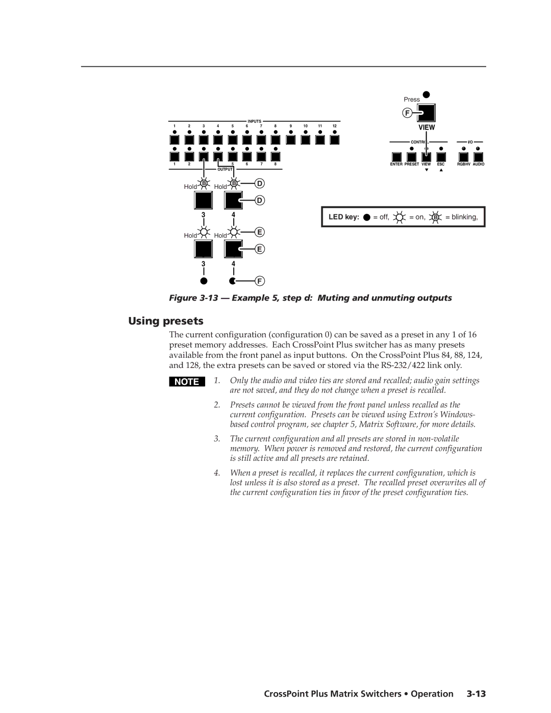 Extron electronic 1616 HV, HVA manual Using presets, Example 5, step d Muting and unmuting outputs 