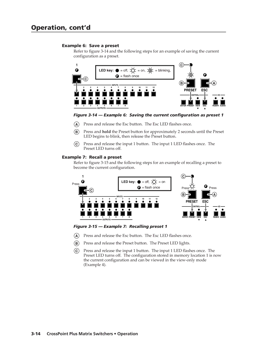 Extron electronic HVA, 1616 HV manual Example 6 Save a preset, Example 7 Recall a preset 