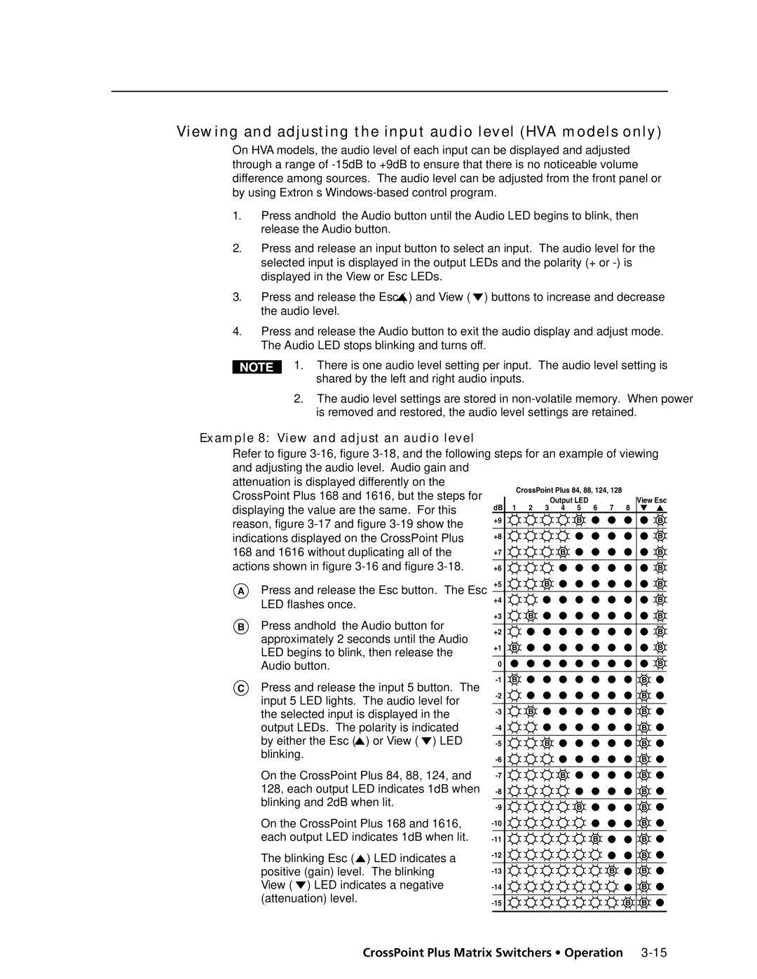 Extron electronic 1616 HV manual Viewing and adjusting the input audio level HVA models only 