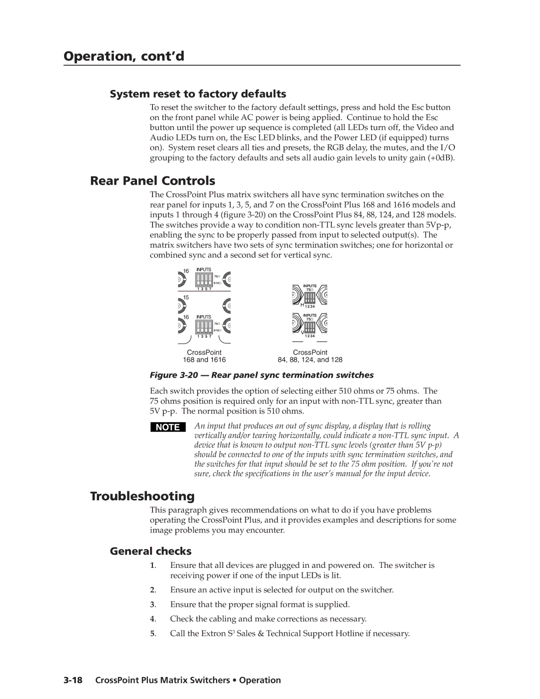 Extron electronic HVA, 1616 HV manual Rear Panel Controls, Troubleshooting, System reset to factory defaults, General checks 