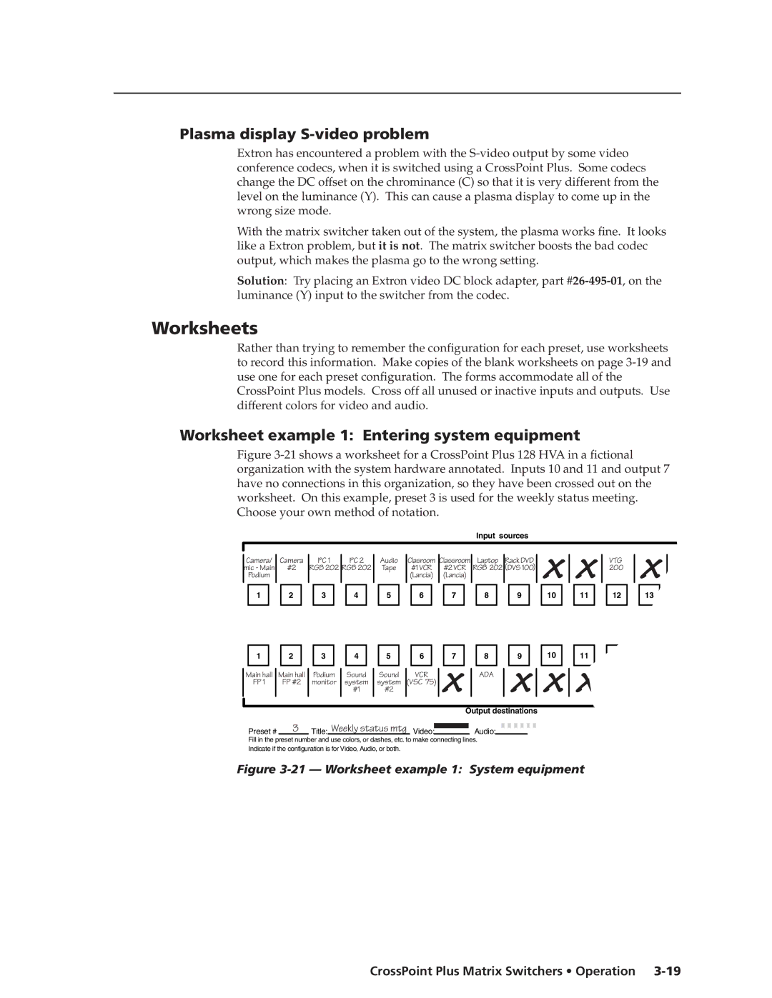 Extron electronic 1616 HV, HVA Worksheets, Plasma display S-video problem, Worksheet example 1 Entering system equipment 