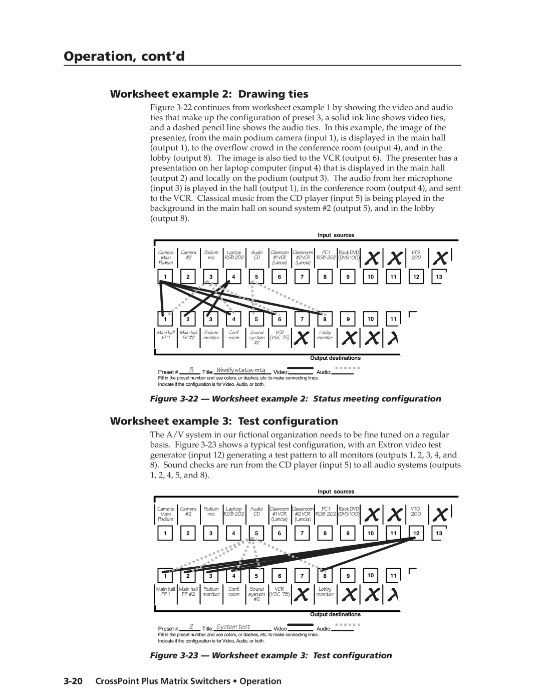 Extron electronic HVA, 1616 HV manual Worksheet example 2 Drawing ties, Worksheet example 3 Test configuration 