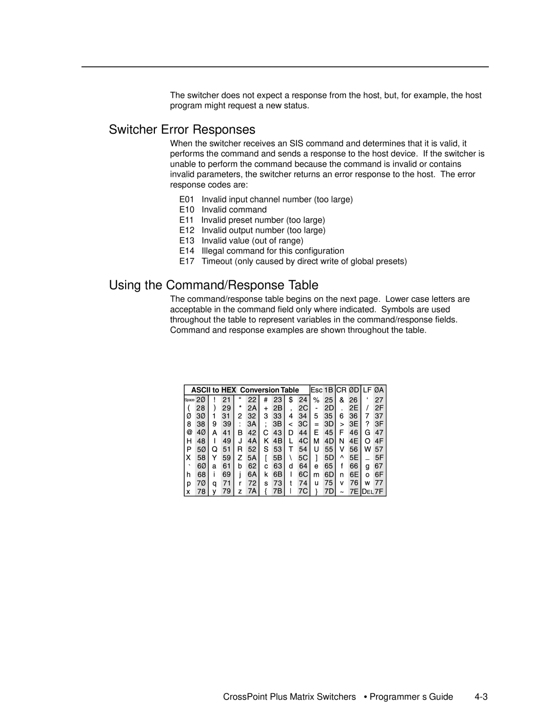 Extron electronic 1616 HV, HVA manual Switcher Error Responses, Using the Command/Response Table 