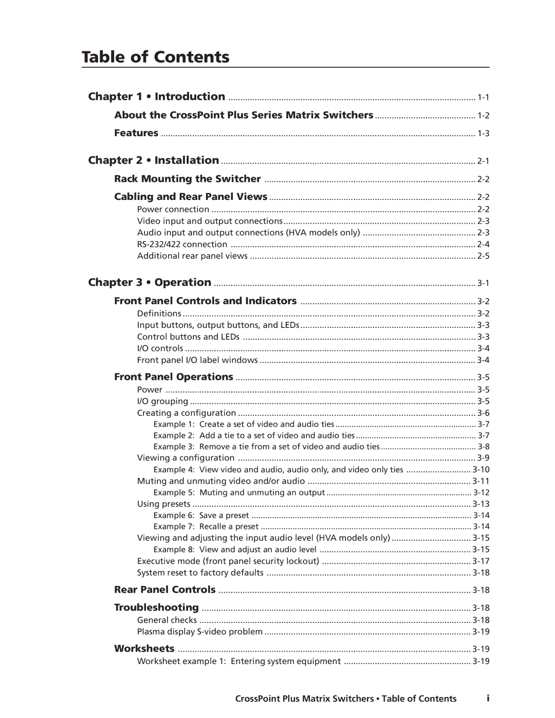 Extron electronic 1616 HV, HVA manual Table of Contents 