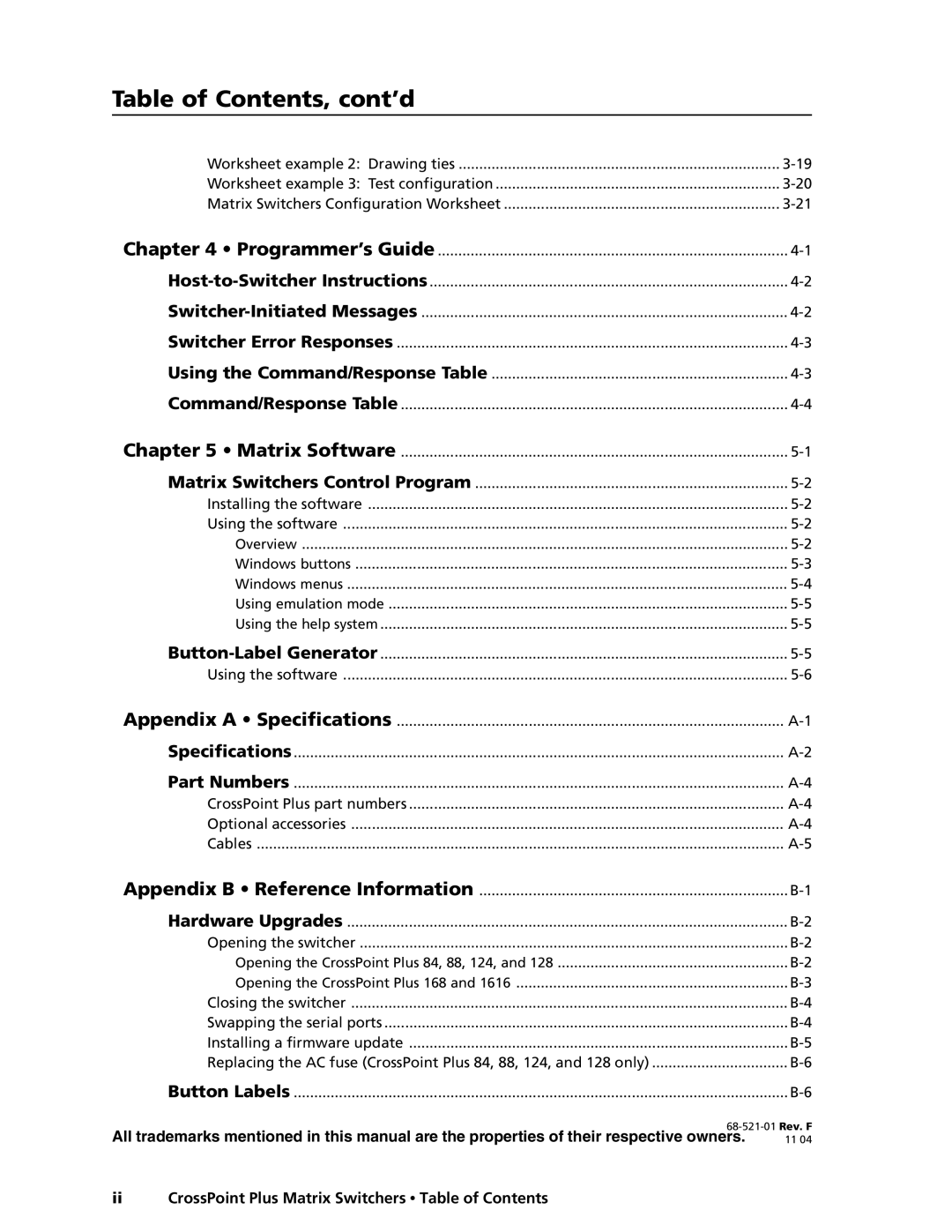 Extron electronic HVA, 1616 HV manual Table of Contents, cont’d 