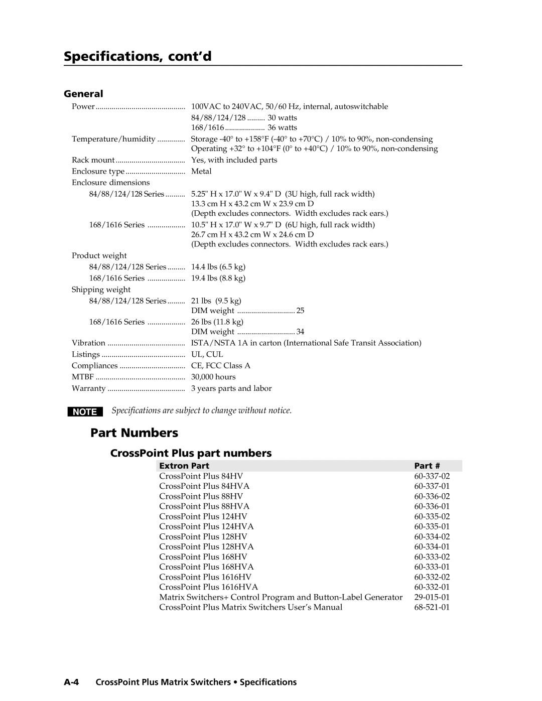 Extron electronic HVA, 1616 HV manual Specifications, cont’d, Part Numbers, CrossPoint Plus part numbers, Extron Part 