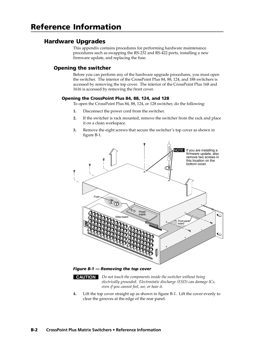 Extron electronic HVA, 1616 HV manual ReferenceInformation,co t’d, Hardware Upgrades, Opening the switcher 