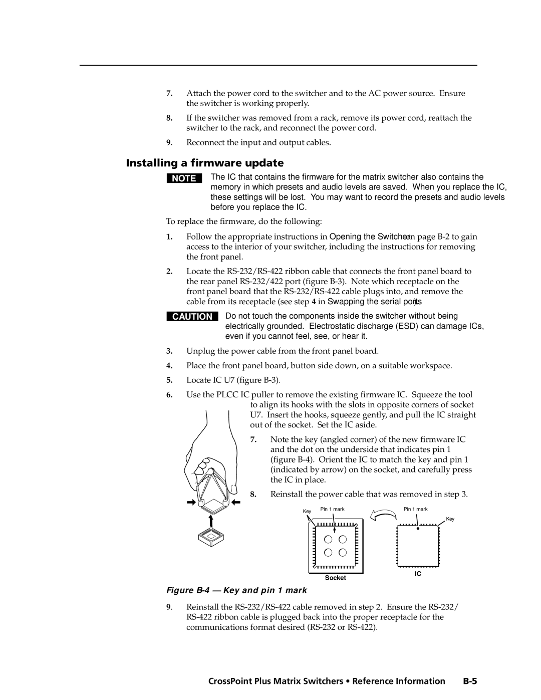 Extron electronic 1616 HV, HVA manual Installing a firmware update, Figure B-4 Key and pin 1 mark 