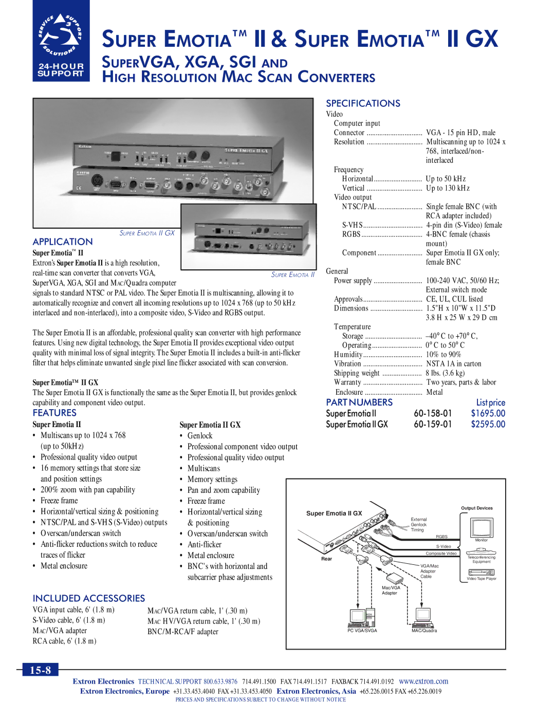 Extron electronic Super Emotia II, II GX specifications Specifications, Application, Part Numbers, Features 