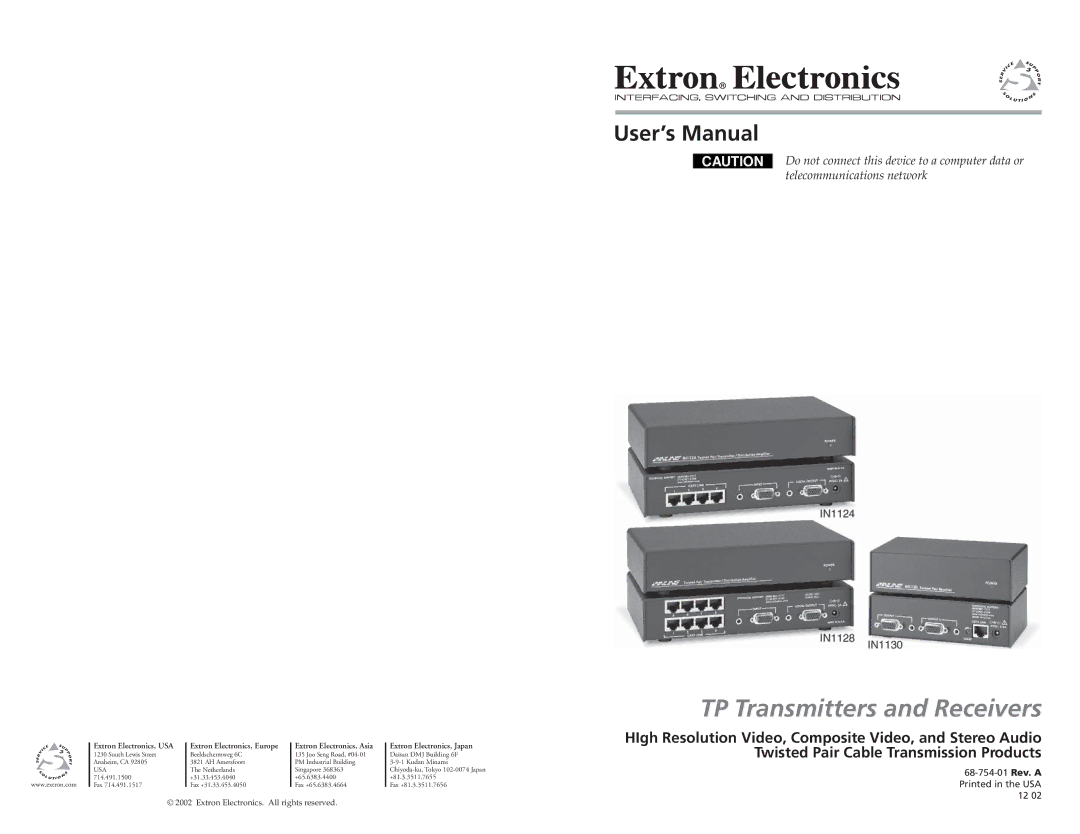 Extron electronic IN1124, IN1130, IN1128 user manual Twisted Pair Cable Transmission Products 