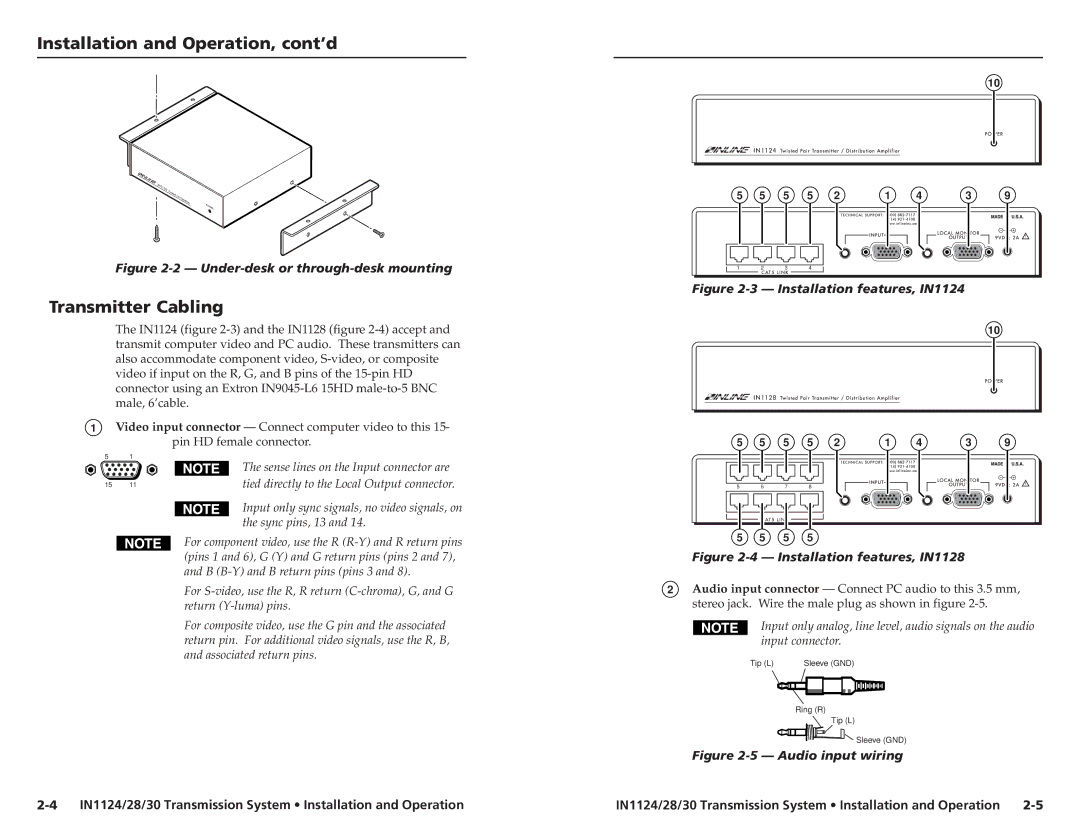 Extron electronic IN1124, IN1130, IN1128 user manual Installation and Operation, cont’d, Transmitter Cabling 