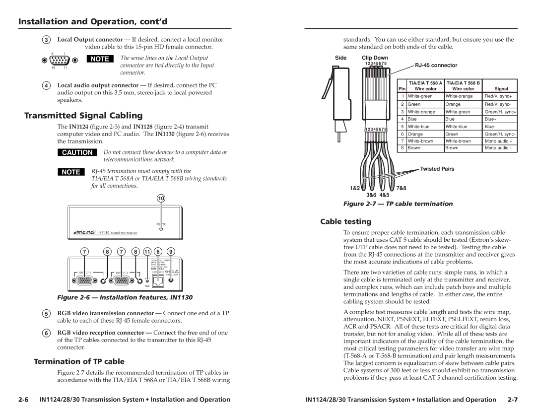 Extron electronic IN1128, IN1130, IN1124 user manual Transmitted Signal Cabling, Termination of TP cable, Cable testing 