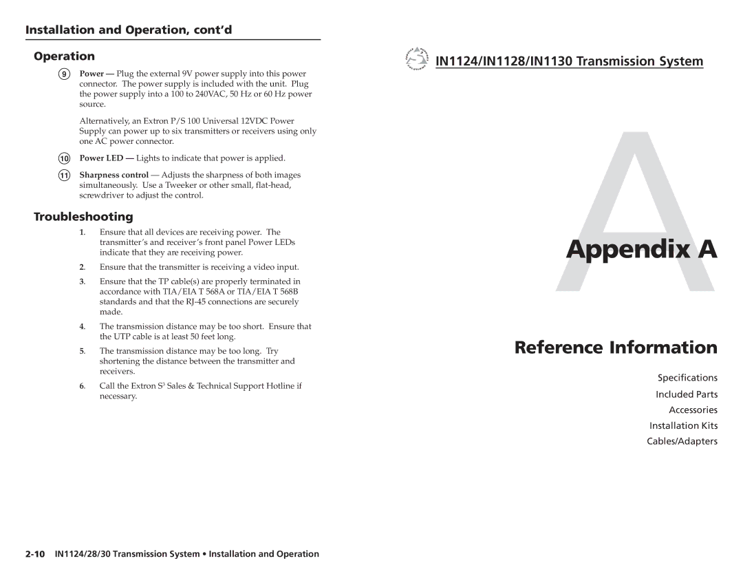 Extron electronic IN1124, IN1130, IN1128 user manual AAppendix a, Troubleshooting 