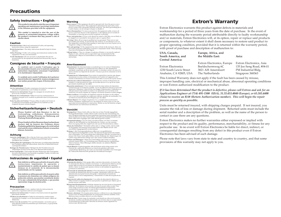 Extron electronic IN1128, IN1130, IN1124 user manual Precautions 