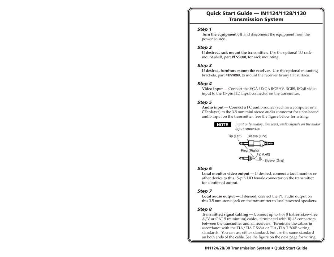 Extron electronic IN1130, IN1128 user manual Quick Start Guide IN1124/1128/1130 Transmission System 