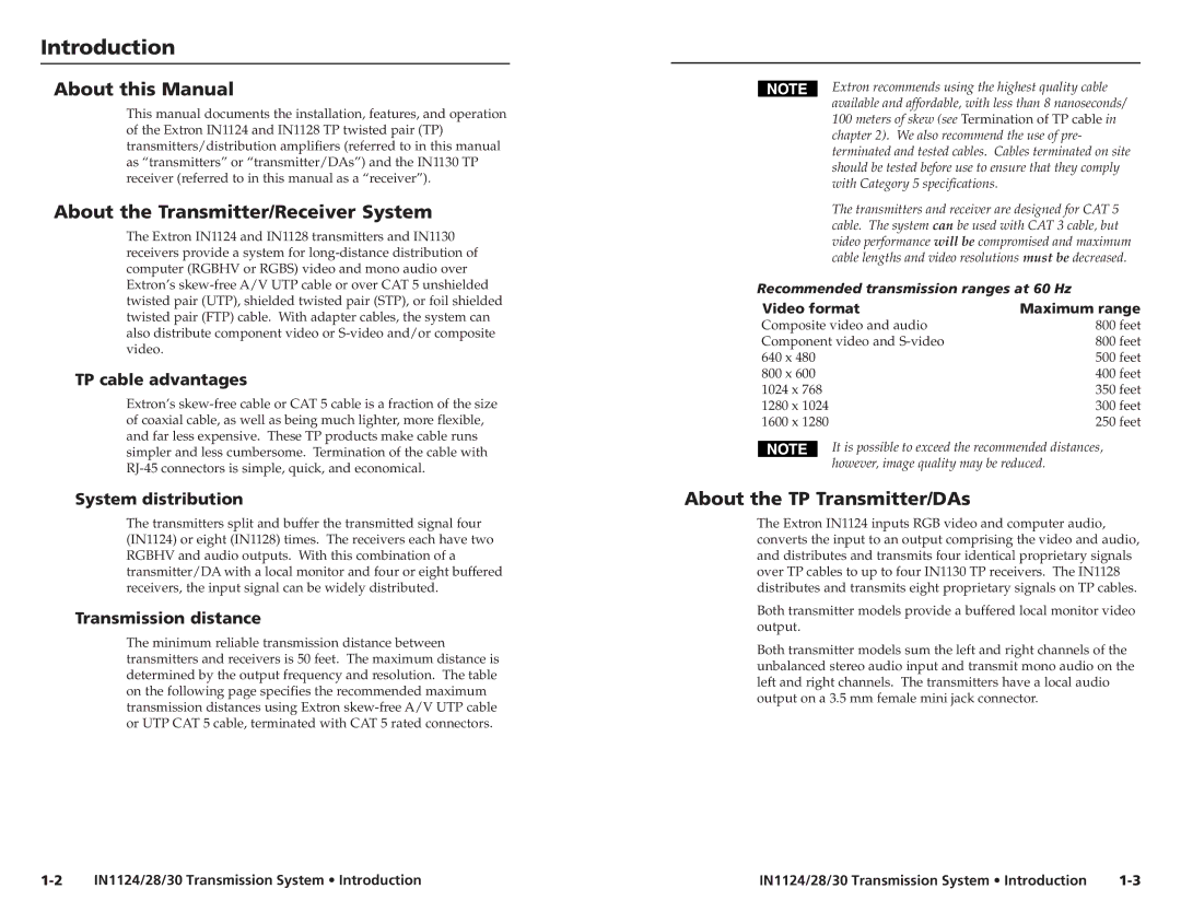 Extron electronic IN1130, IN1124 Introductionduction,cont’d About this Manual, About the Transmitter/Receiver System 