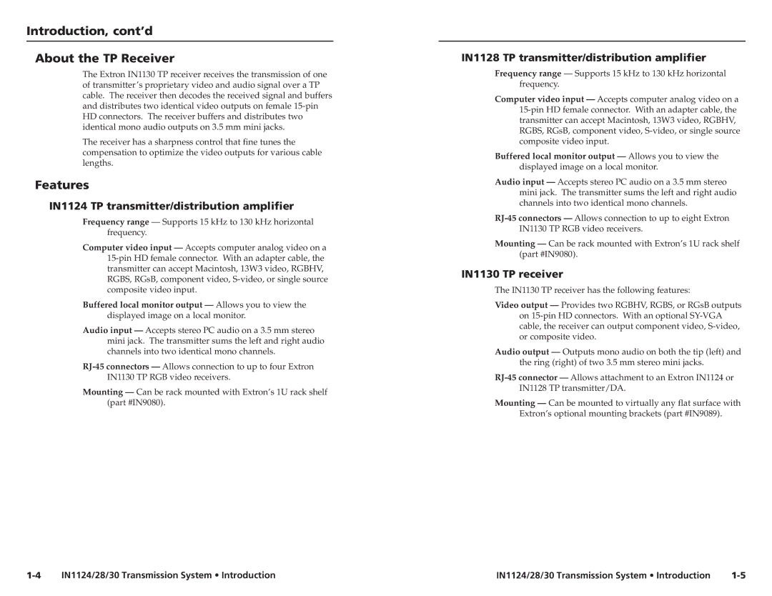 Extron electronic IN1124, IN1128 user manual Introduction, cont’d About the TP Receiver, Features, IN1130 TP receiver 