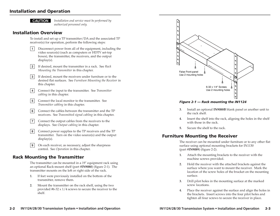 Extron electronic IN1130, IN1124 Installation and Operation, cont’d Installation Overview, Rack Mounting the Transmitter 