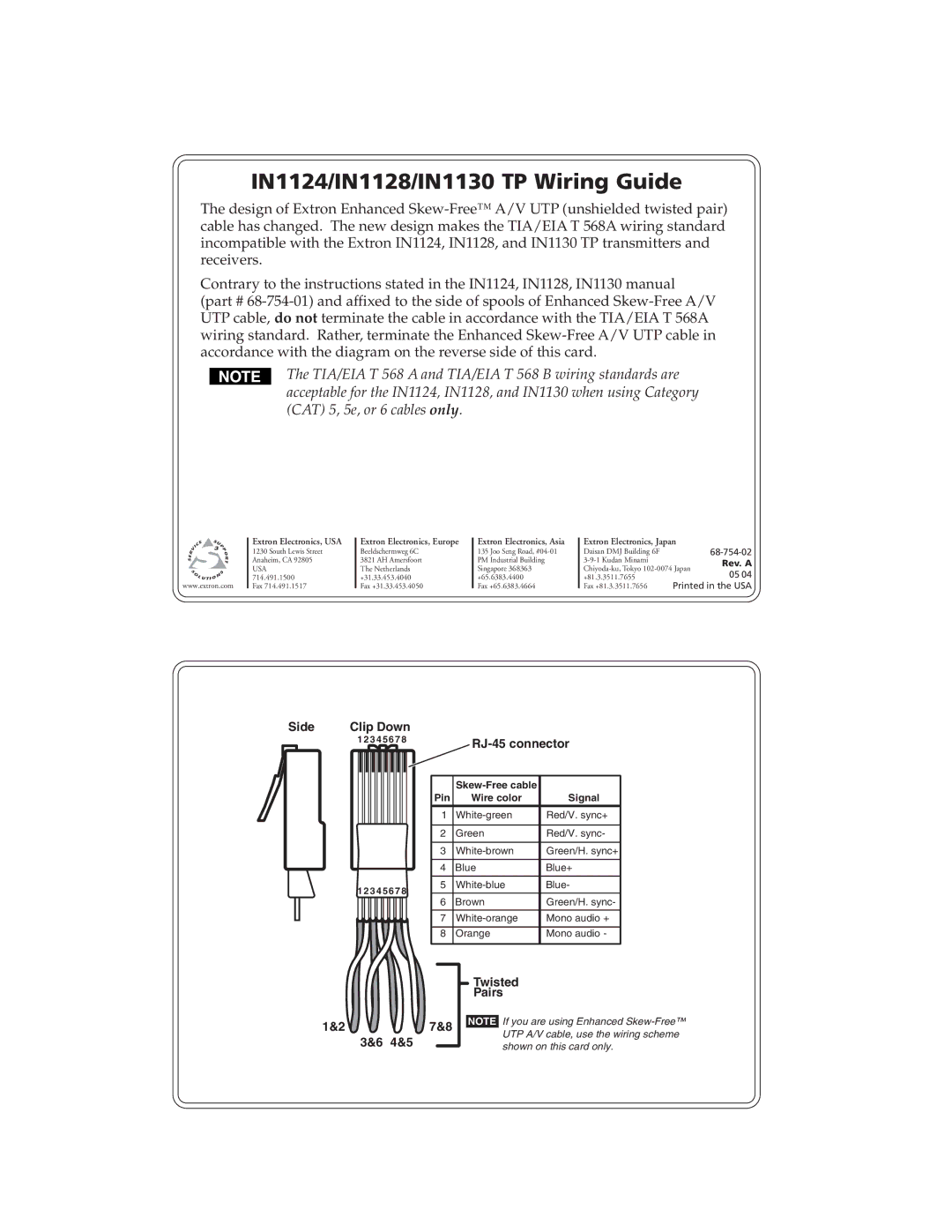 Extron electronic manual IN1124/IN1128/IN1130 TP Wiring Guide, Side, RJ-45 connector, 27&8 4&5 Twisted Pairs 