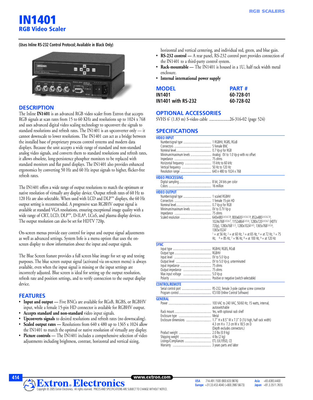 Extron electronic 60-728-02, IN1401 specifications Model, Description, Features, Optional Accessories, Specifications 