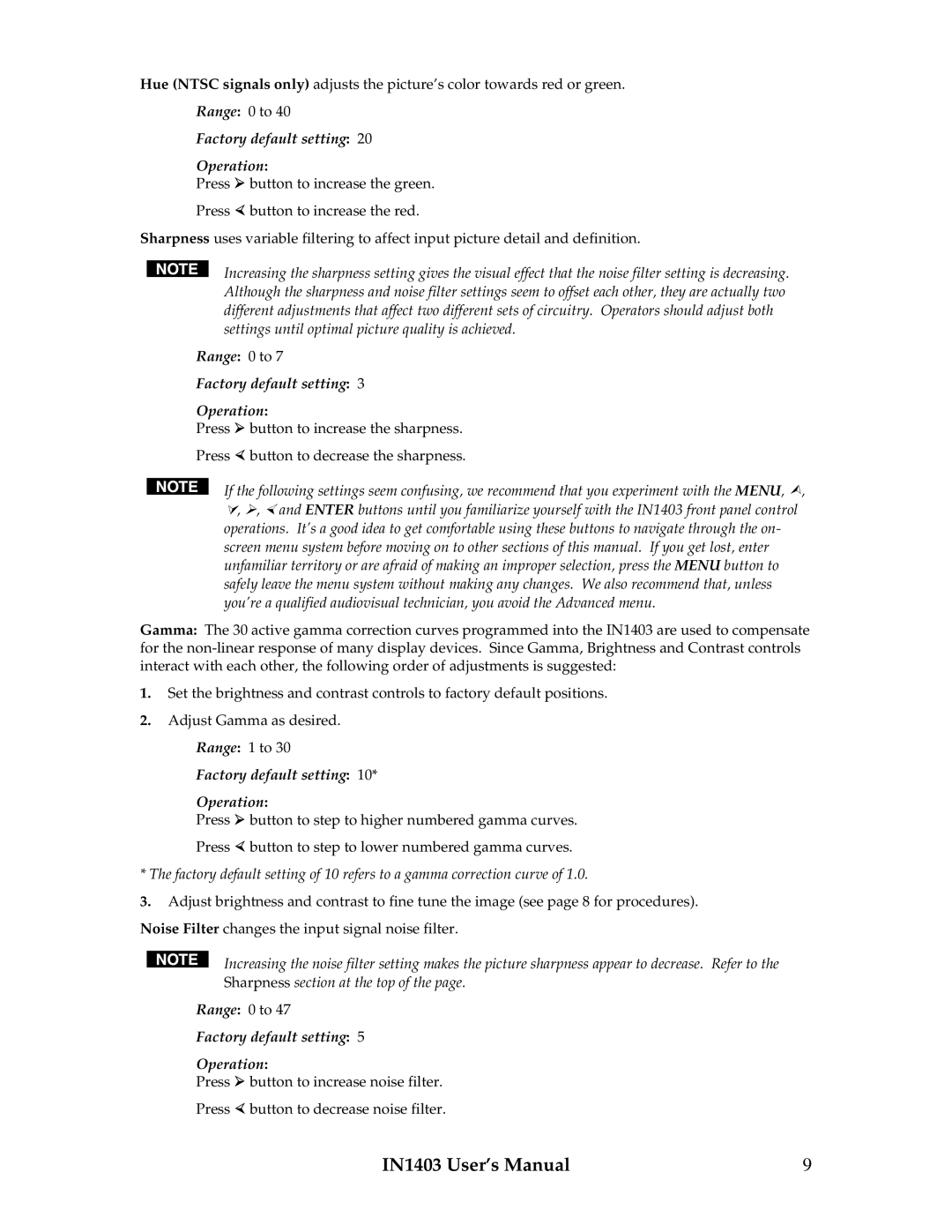 Extron electronic IN1403 manual Range Factory default setting Operation 