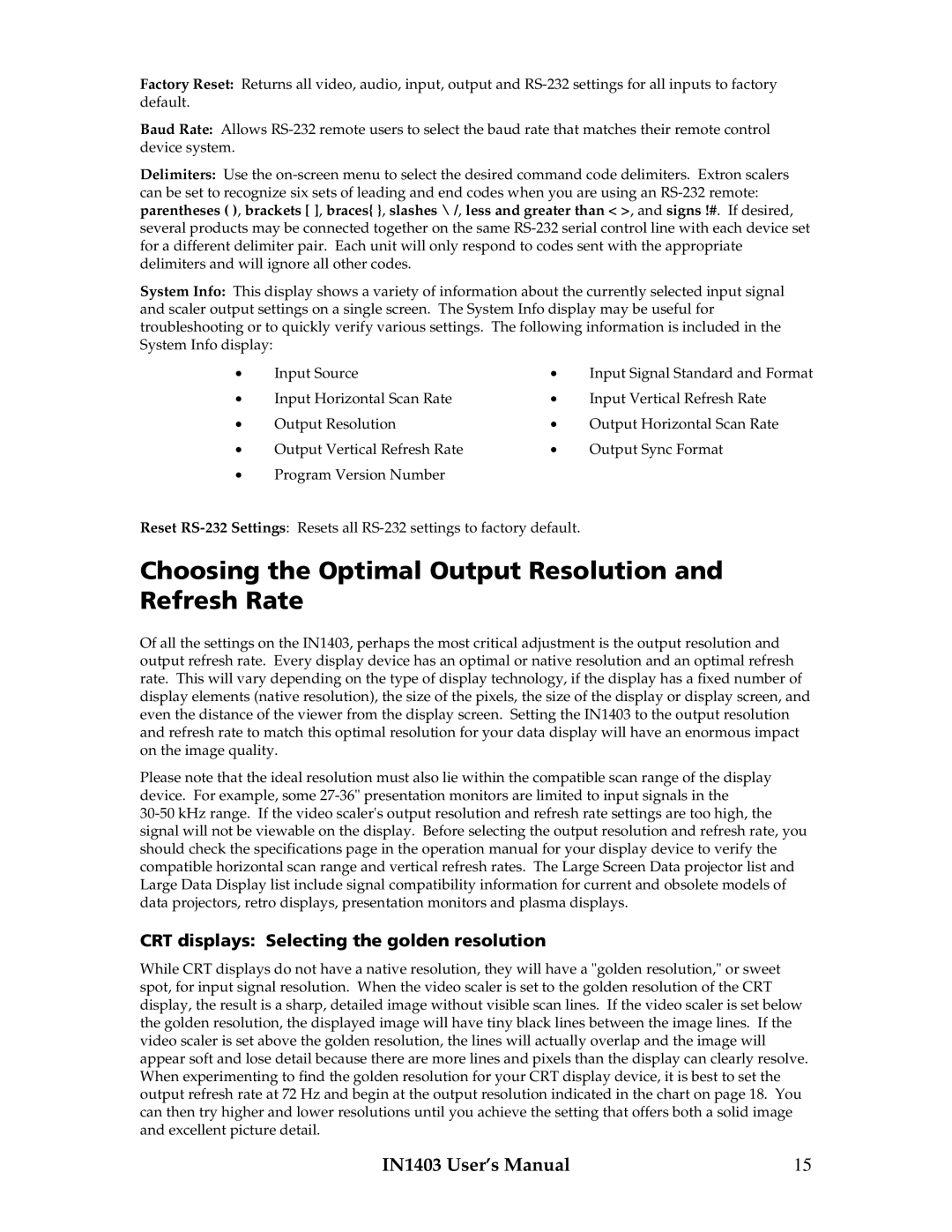 Extron electronic IN1403 manual Choosing the Optimal Output Resolution and Refresh Rate 