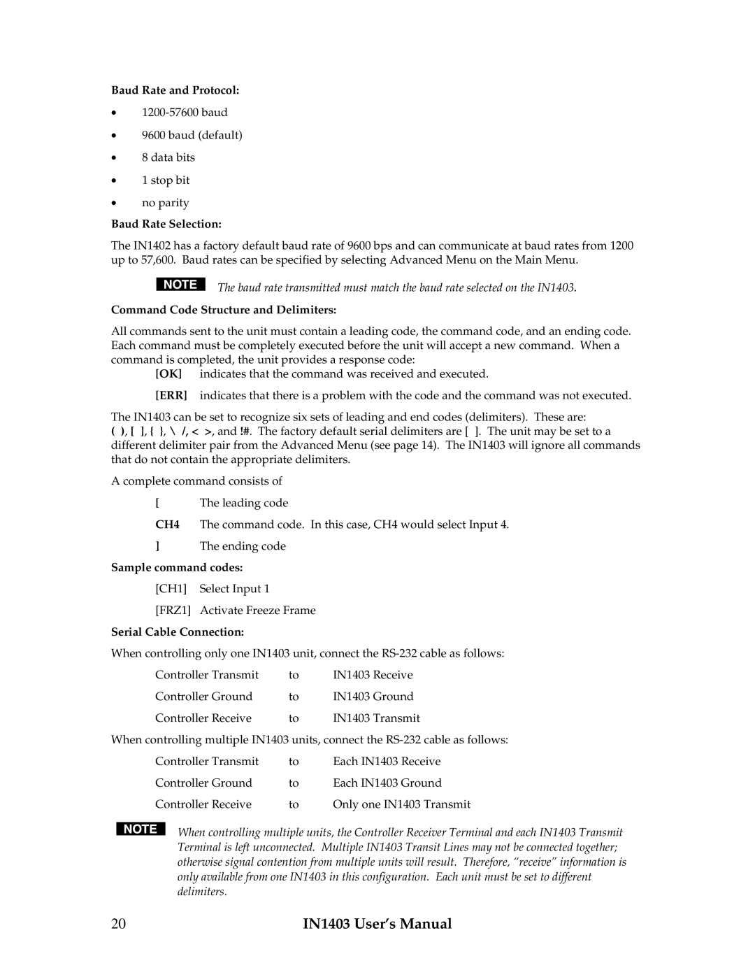 Extron electronic IN1403 manual Baud Rate and Protocol, Baud Rate Selection, Command Code Structure and Delimiters 