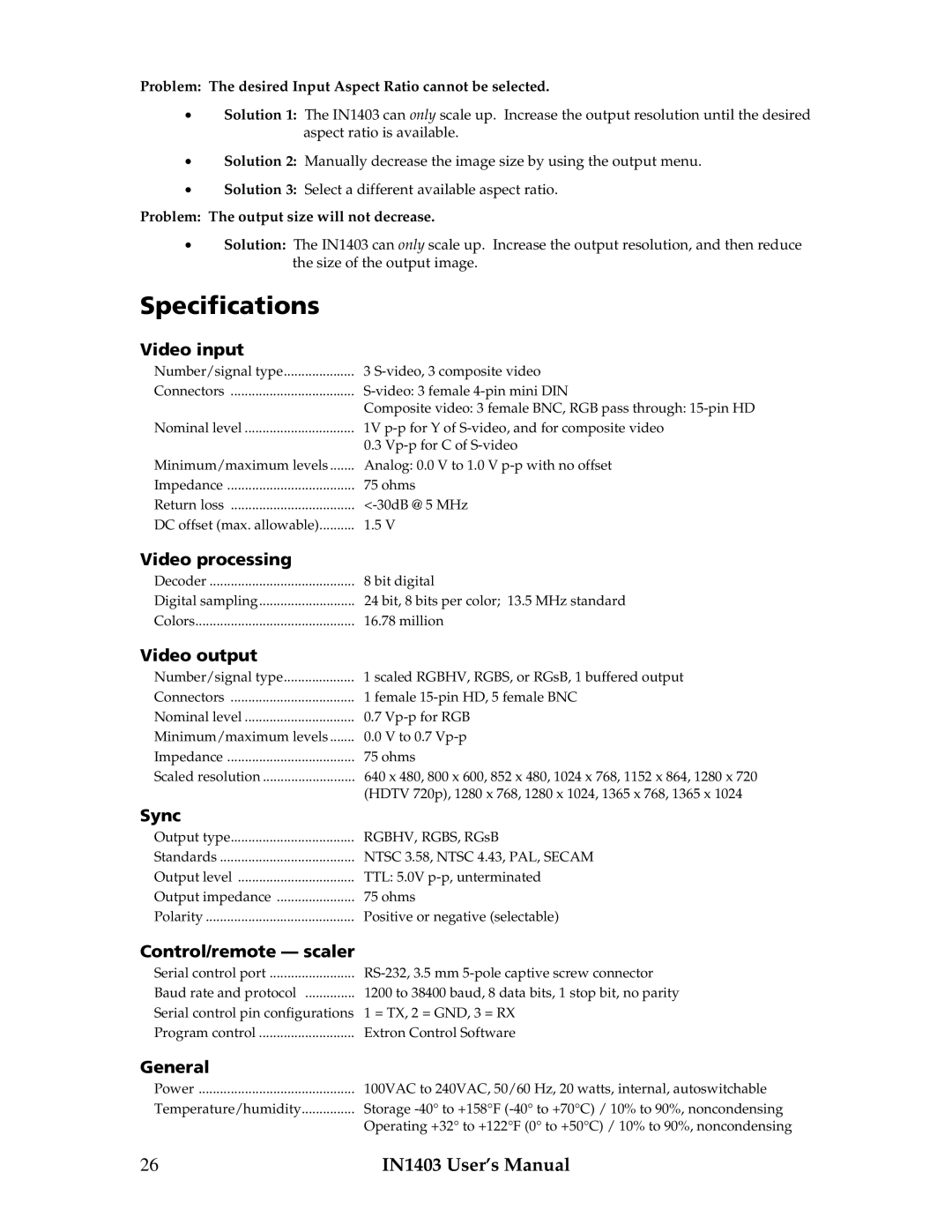 Extron electronic IN1403 manual Specifications 