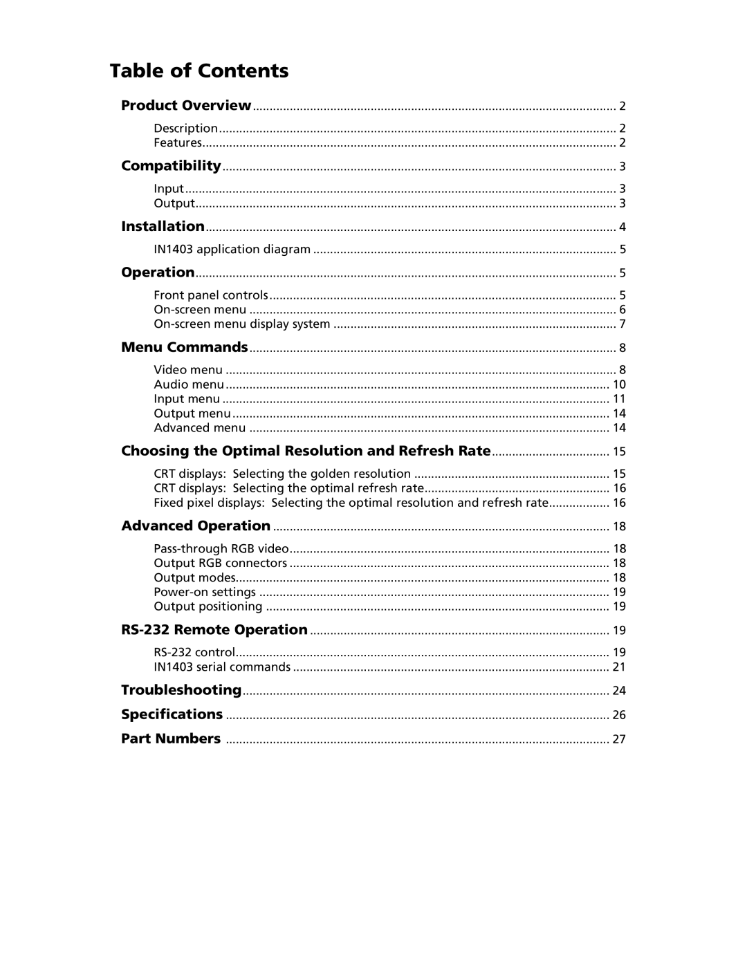 Extron electronic IN1403 manual Table of Contents 