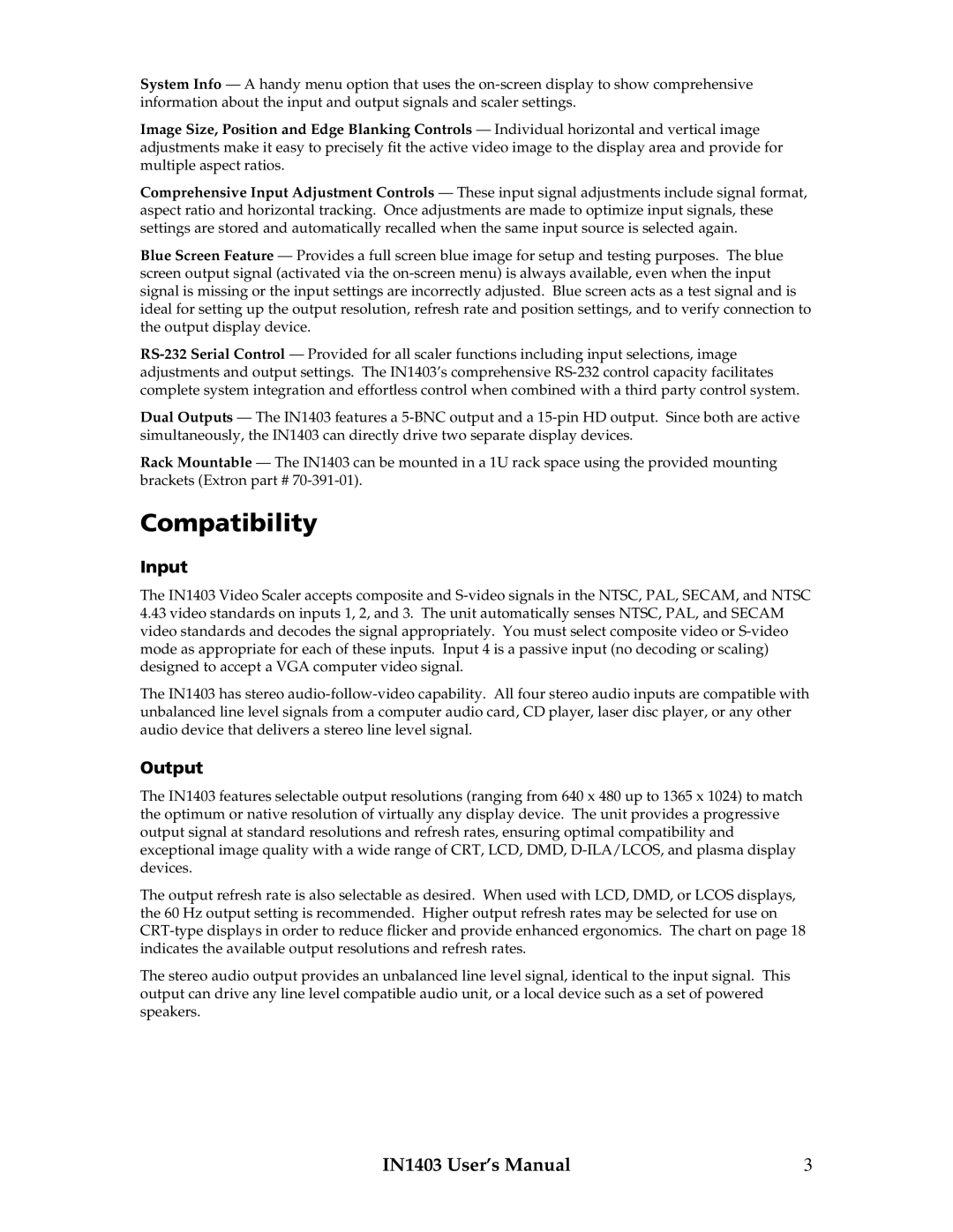 Extron electronic IN1403 manual Compatibility, Input, Output 