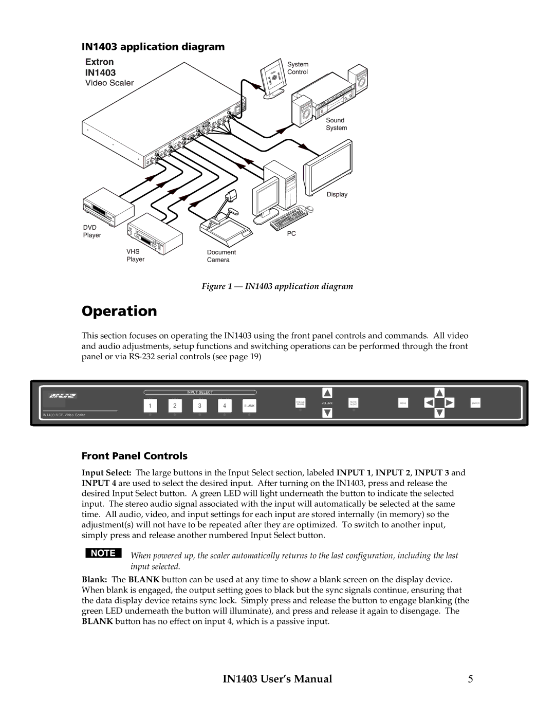 Extron electronic manual Operation, IN1403 application diagram, Front Panel Controls 