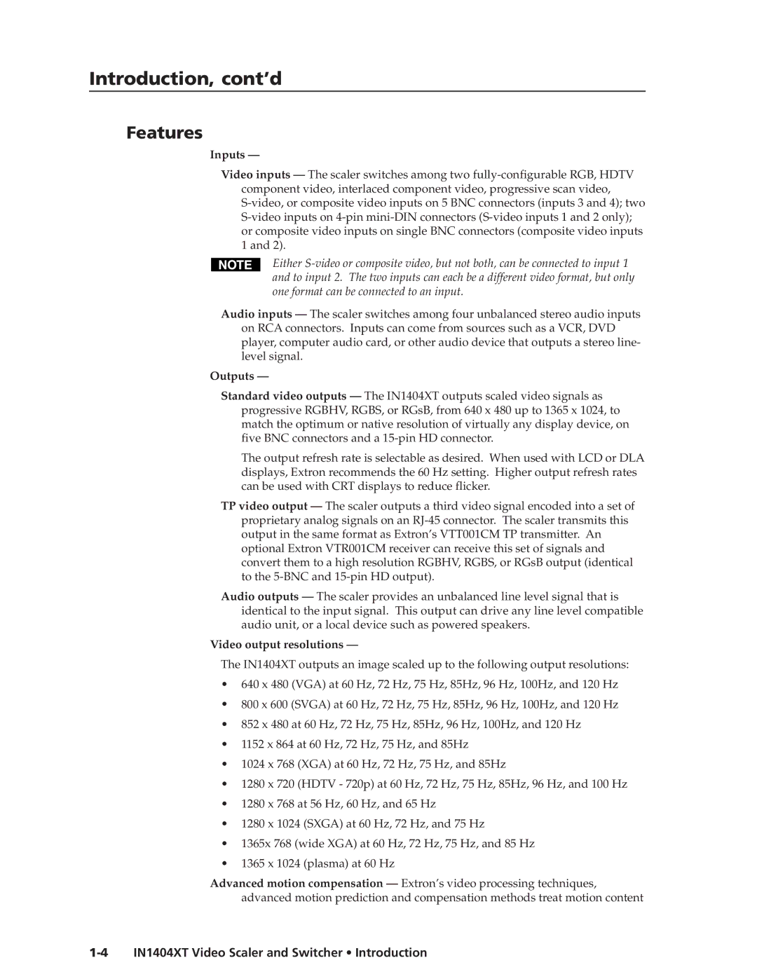 Extron electronic IN1404XT manual Introduction, cont’d, Features 