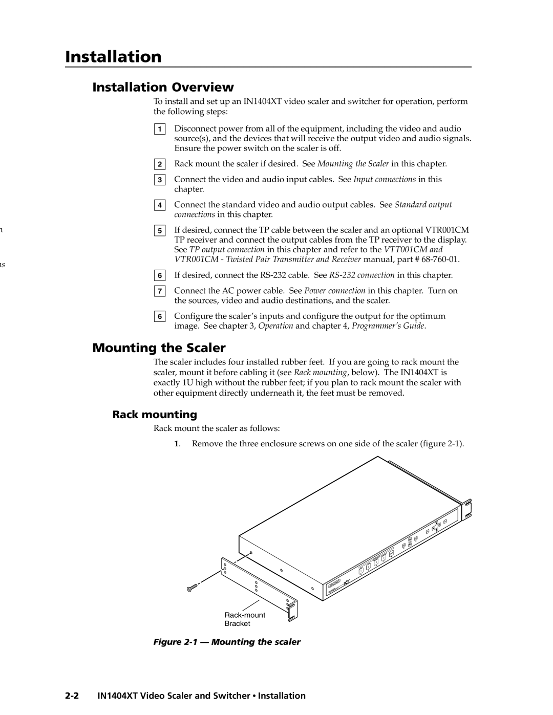 Extron electronic IN1404XT manual Installationstallation, cont’d, Installation Overview, Mounting the Scaler, Rack mounting 